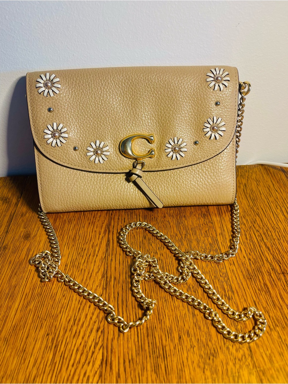 Coach Light Tan Floral Appliqué Leather Crossbody with Gold Chain